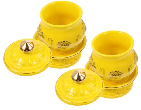 Cabilock 2 Pz Acquasantiera in Ceramica Bicchiere D'acqua Con Cannuccia e Coperchio Tazza Di Acqua Di Loto Della Chiesa Tazza Con Cannuccia Detentore Dell'acqua Del Tempio Yellow
