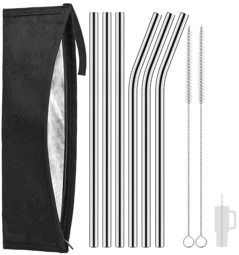 6 Stück Edelstahl Strohhalm Lang 30,5cm für Stanley Cup 40/30oz, Ersatz Metall Strohhalme Durchmesser 1cm mit 1 Aluminium Auskleidung Strohtasche und 2 Bürsten für Stanley Tumbler 1,18L/ 887ml