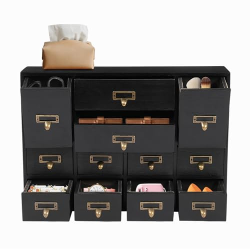 12 Drawer Vintage Desktop Organizer, Solid Wood Storage Cabinet, Drawer Organizer, Apothecary Cabinet w/Handles, for Home/Office/Apothecary (Black)