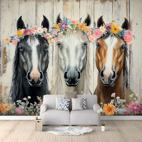 Fototapete Vlies Tapete Landhausstil Pferd Mit Blumenkrone 200 x 140 cm 3D Effekt Wandbild Vlies Wandtapete Moderne Wohnzimmer Mural Schlafzimmer Kinderzimmer TV Hintergrund