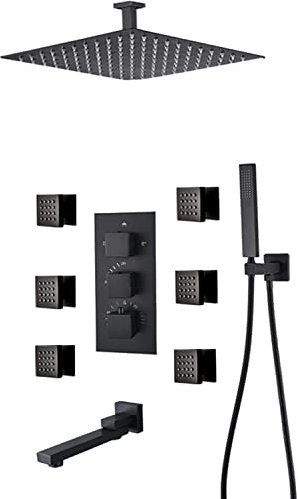 Wandmontiertes Duscharmatur-Set-System, Duschsystem, thermostatisches, verdecktes Duscharmatur-Set, Wandmontage, Verbrühungsschutz-Duschset mit 6 Körpersprays mit Handbrause und Wasserfall-R