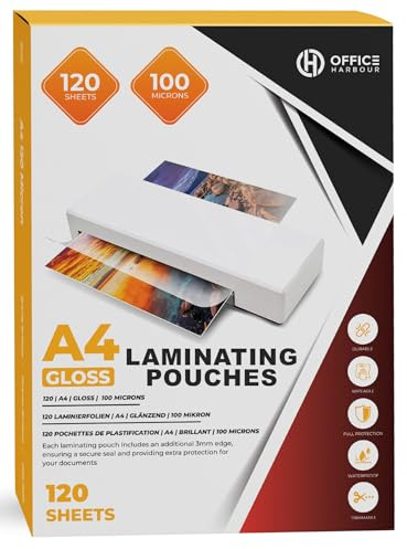 A4 Laminating Pouches – 120 Sheets | 100 Micron | Gloss Finish | Waterproof, Durable, Trimmable, Wipeable | 3mm Border for Smooth Sealing | Perfect for Documents, Photos, Menus, Certificates
