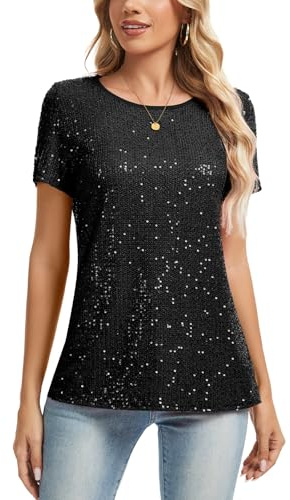 MINTLIMIT Damen Pailletten Glitzer Tops Oberteil Kurzarm Rundhals T-Shirt Bluse Fully Lined Freizeit Party Festival Club