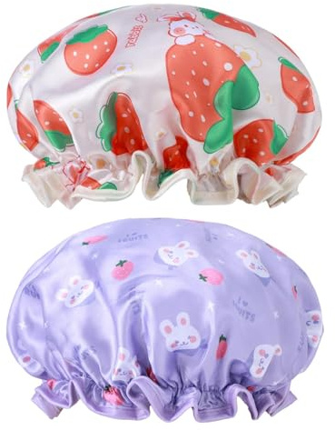 BOHUIZ 2 PCS Kids Shower Caps, Waterproof Double Layers Shower Caps Cute Rabbit Bonnets Elastic Band Bonnet Satin and Eva Soft Toddler Sleeping Cap Reusable Shower Cap for Kids(Purple + Yellow)