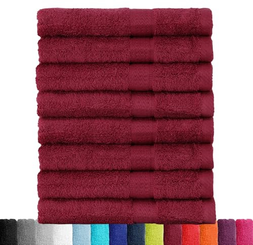 BaSaTex Baumwolle Handtuch, 8er Pack, 50x100 cm, Bordeaux | 100% Baumwolle, Öko-Tex Made in Green, Aufhängeschlaufe, 500gm², langlebig & saugstark
