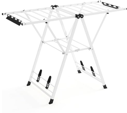 COSTWAY Foldable Clothes Drying Rack, 2-Level Clothes Airer Dryer Horse with Height-Adjustable Wings, Sock Clips and Shoe Racks, Indoor Outdoor Freestanding Metal Laundry Rack (White, 141x56x99-148cm)