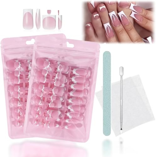 120 Pcs French Tip Press On False Nails Set, Square French Tip Nails for Hands & Toes (60+60), 30 Sizes, 96 Jelly Tabs, Reusable Press On, with Nail File & Sponge Buffer