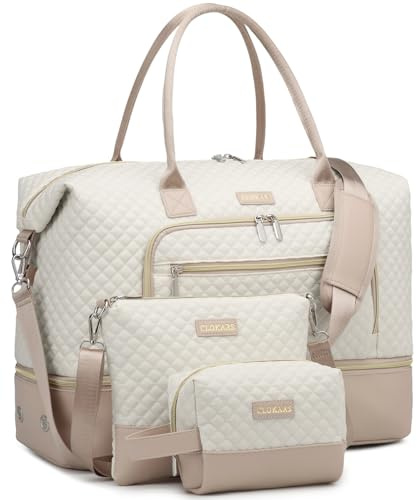 CLOKARS Weekender Bags for Women, Travel Duffle Bag Carry On Overnight Bag with Cosmetics Bag and Crossbody Purse for Gym Hospital, Gifts for Women, Beige Pink