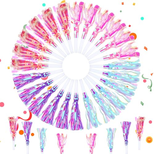 24 Pcsc Party Blowers with Tassels, 4 Colors Noise Makers, Glitter Party Whistles, Parties Horns for Birthday Celebrations, Graduation, Themed Birthday Parties and Sporting Events