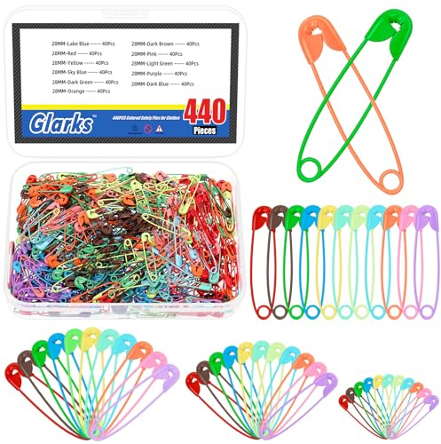 Glarks 440pcs 5.8 x 28mm Multicolored Sharp Edge Safety Pin Kit, 11 Colors Metal Safety Pins, Heavy Duty Safety Pins Bulk, Fastening Safety Pin Clips for Clothes Tags, Crafting