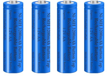 4 Pack 3200 mAh Batterie Ricaricabili, Button Top NiMH Batteria Ricaricabile, Bottone in Alto Alta Capacità Batteria per Fotocamera/Piccolo Ventilatore/LED Lampada Frontale/Luci Solari, Blu
