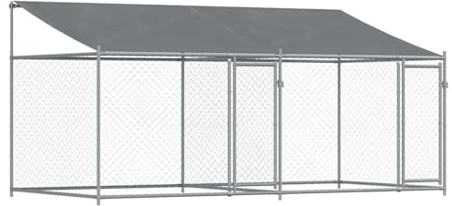 Homgoday Hundezwinger mit Dach und Türen Grau 4x2x2 m Verzinkter Stahl Hundetransportkäfig Model3209563