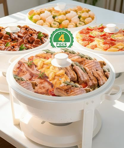 IMACONE Maifanite-Coated Chafing Dishes for Buffet of 4, 6QT White Chafing Dish Buffet Set Stainless Steel Chafer Set, Roll Edge Food Warmers for Parties, Wedding, Birthday, Church Events, Catering