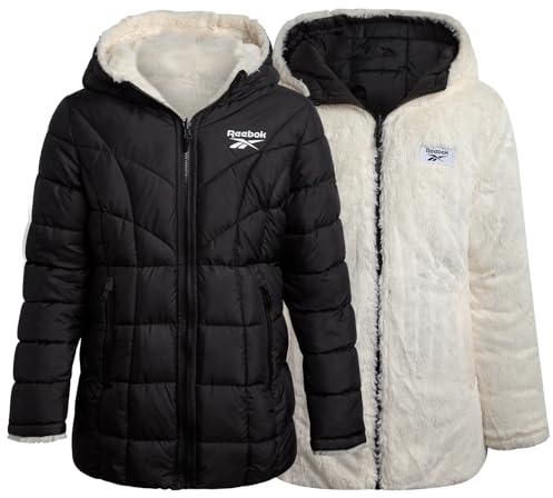 Reebok Girls Puffer Jacket - Reversible Hooded Fur Winter Coat - Wind and Water Resistant Insulated Quilted Jacket for Girls, Size 7-8, Black