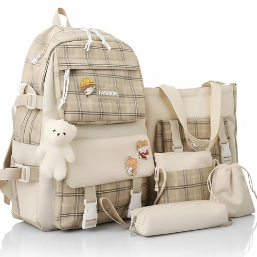 Lighterday Girls Backpack Set,5 Pack Kids Backpack,School Bags for Girls in Various Styles,Cute Backpack,Children's Backpacks with Cute Decorations(Japanese backpack, khaki)