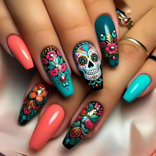 GlamRays 24 pièces Death's Head Faux Ongles Carrés Moyens Multicolores avec Design Fleuri à Coller Brillants Acrylique Couverture Totale Réutilisables pour Femmes