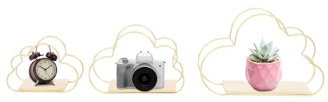 Set di 3 scaffali da parete con nuvole, in legno e ferro, con portata massima di 5 kg, salvaspazio, per cucina, soggiorno, bagno, decorazione moderna da parete con montaggio invisibile