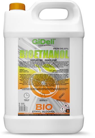 GiDeli Bioéthanol 5 l Parfum orange 96,6 % éthanol pour cheminée intérieure et extérieure Sans fumée ni suie Fabriqué à partir de maïs et de betteraves sucrières
