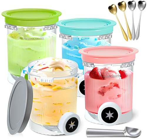HYZCXPL 4 Pack Ice Cream Pints and Lids for Ninja CREAMi NC701UK NC700UK NC701 Series, Includes 4 Tubs, Lids, 4 Spoons & Ice Cream Scoop, BPA-Free Dishwasher Safe