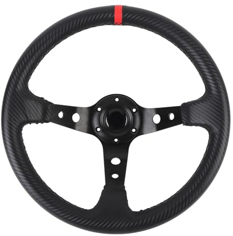 Cryfokt Racing Steering Wheel, Comfortable Handle Carbon Fiber -Look 14 Inch Deep Leg Steering Wheel Aluminum Frame Universal for 6 Hole -hub Adapter (Red)