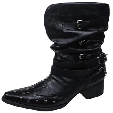 Bailey Xingqi Bottes Cowboy Femme Slouchy Mi-Mollet à Bout Pointu Talon Bloc Western avec Bride à Rivet Noir Taille 36