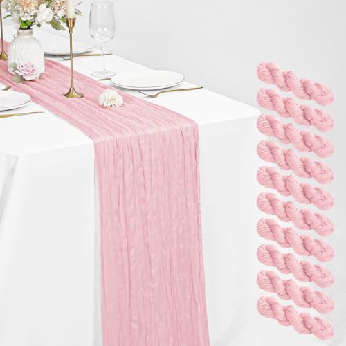 Lot de 10 Chemins de Table en Étamine, Chemin de Table Bohème en Gaze de 55 x 300 cm, Tissu Rustique en Gaze pour Mariages Festivals Remises de Diplôme Dîners Fêtes en Plein Air (Rose Clair)