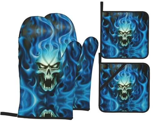 Horror Ghost Skull Print Oven Mitts Pot Holders 4 Pcs Set Kitchen Oven Gloves Cooking Baking Grilling Accessories