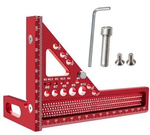 SANTUO 1 Pc 3D Carpenter Square, Aluminum Alloy Precision Ruler with Marking Scriber,Multi-Angle Measuring Tool for 22.5 to 90 Degree Woodworking, for Carpenters, Engineers and DIY Projects,Red