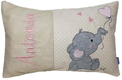 Personalisiertes Kissen zur Geburt und Taufe | Bestickt mit Namen und süßem Elefanten | Baumwolle (20cm x 30cm, Elefant mit Ballon)