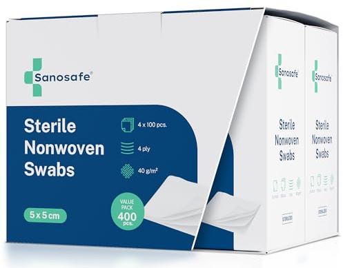 Sanosafe Garze Sterili 5x5 cm 400 pezzi | Garza in tessuto non tessuto per medicazione | Morbide, assorbenti e senza pelucchi