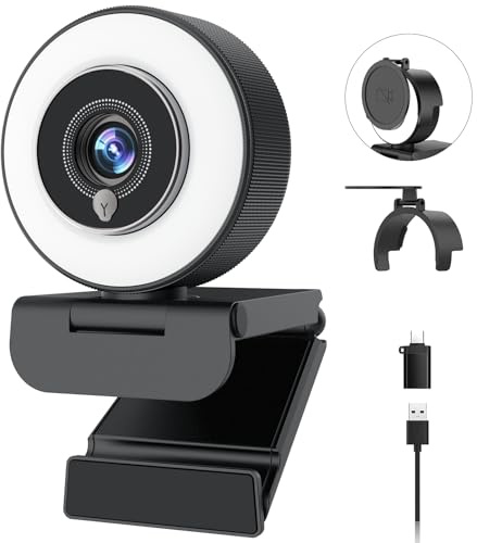 Angetube Webcam 4K con Luce per PC: Luminosità a 3 Livelli, Messa a Fuoco PDAF, Doppio Microfono Noise Cancelling, Copertura Privacy, Streaming 1080P/60FPS, USB-A/C per Laptop/Mac/Teams