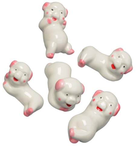 Reposapalillos de Porcelana Cerámica Cerdo Japonés 5 Piezas | Soporte para Palillos y Cucharas Blanco, Decoración para Restaurantes y Habitaciones de Hotel
