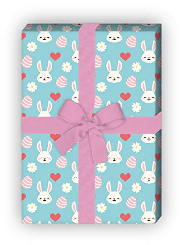 Kartenkaufrausch Niedliches Oster Geschenkpapier Set mit Herz, Hasen und Eiern für liebevolle Geschenk Verpackung 32 x 48cm, 4 Bögen zum Einpacken für Geburtstage, Geburt, Ostern, hellblau