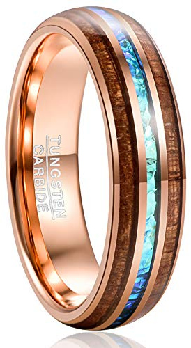 VAKKI Mens Tungsten Carbide Rings 6mm/8mm with Hawaiian Koa Wood and Abalone Shell Created-Opal Inlay, Silver/Gold/Rose Gold/Black Wedding Band Engagement Ring Size H 1/2 to Z+7