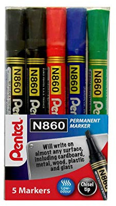Pentel N860 Permanent Marker Chisel Tip Pack of 5 Assorted