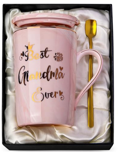 Doublewhale Grandma Gifts, Grandma Christmas Birthday Gifts for Nana, Nan, Granny, Gran Gift, 14OZ Pink Ceramic Coffee Mug Gift from Granddaughter Grandson with Spoon Lid Card, Nice Box | 14OZ Pink Ceramic Grandma Mug, Grandma Mug Gift from Granddaughter Grandson, Nice Gift Box, Microwave and Dishwashers Safe