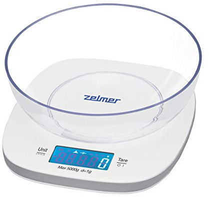 Zelmer ZKS1450 - Digitale Küchenwaage mit Schüssel, 1 g bis 5 kg, mit LCD-Anzeige, Tara-Funktion, mit oder ohne Schüssel verwendbar, Weiß/Symbio.