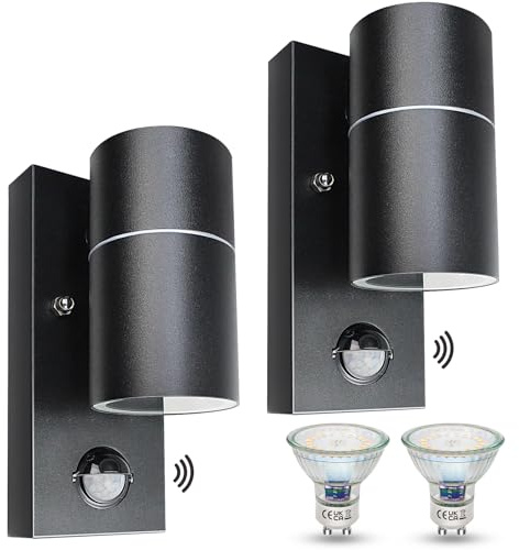 Wondlumi 2er Aussenlampe mit Bewegungsmelder Schwarz IP44 GU10 inkl. 5W LED | Außenleuchte mit Bewegungssensor Aussenleuchten warmweiß Metall Terrasse Balkon Garten Eingang Garage 230V 2x5W 500lm licht