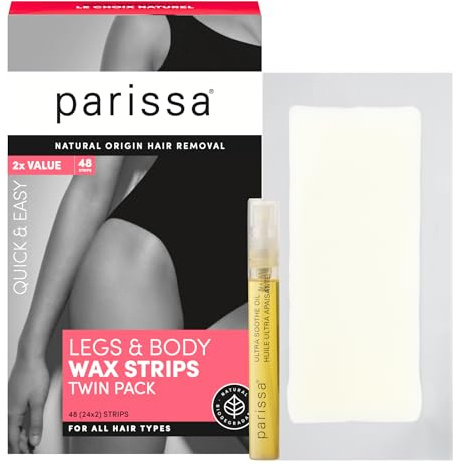 Parissa Natural Legs & Body Wax Strips | Large Ready-to-Use Strips, Beginner-Friendly & Gentle on Sensitive Skin | Includes Post-Wax Ultra Soothe Oil | 48 Strips (24 x 2)