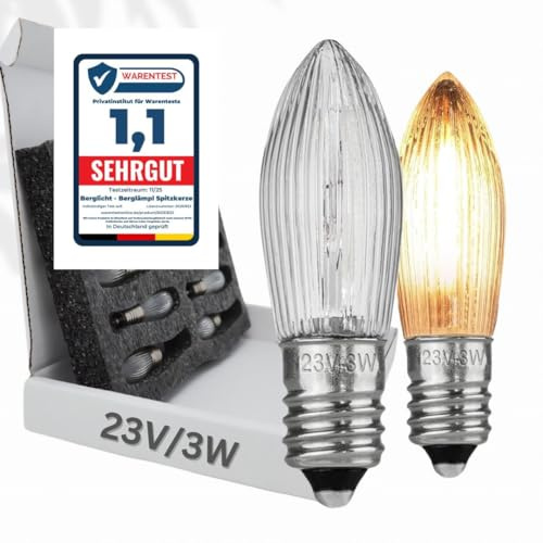 Berglicht 10x Glühbirne 'Berglämpl' E10 23V/3W Riffelkerze Spitzkerze Topkerze Glühlämpchen für Schwibbogen und Lichtbögen, Gelbglühend
