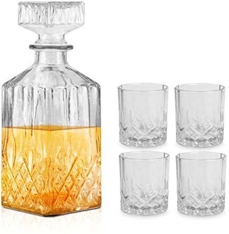 Krollmann Whisky Karaffe 900 ml inklusive 4 Whiskygläser - Glaskaraffe in Kristall Flaschen Optik - Whiskykaraffe zum servieren und als Geschenk - Dekanter für die Hausbar (900 ml mit 4 Gläsern)