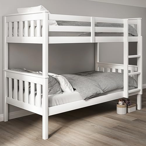 Blisswood Bunk Bed Double Bed with 2x Mattress, 3ft White Wooden Bunk Beds With Ladder Twin Sleeper Kids Bunk Bed, Solid Pine Wood Frame Single Double Bed frame For Kids Children Home