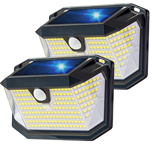 LEIORIO Luci Solari Esterno,Faretto Led Da Esterno Con Sensore Di Movimento 202LED 3Modos Illuminazione a 270°, Applique Solare Impermeabile IP65 Per Ingresso, Patio, Garage, Giardino (2 Pezzi)