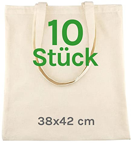 Stoffbeutel Unbedruckt - Stofftasche Zum Bemalen - Baumwolltasche 100% B35 x H42 - Tragetasche Canvas 140 g/m2 Jutebeutel - Einkaufstasche Lange Henkel 70cm - Einkaufsbeutel - 10 stück
