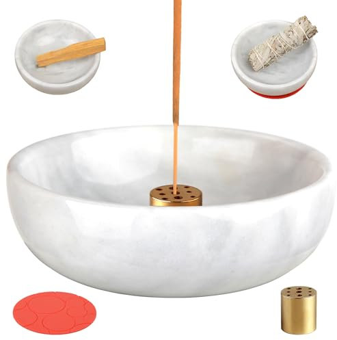 SIPARUI Marble Incense Burner with 9 Holes,Handmade Stick Burner for Meditation,Smudging,Decoration,Easy Grab Ash(White)