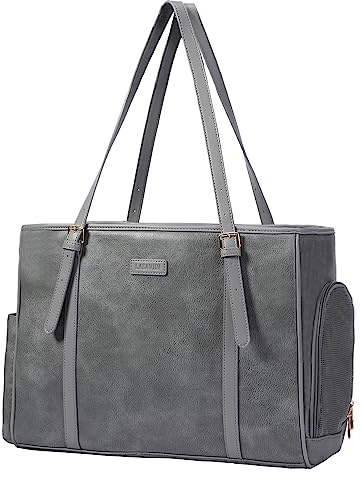 Lasaviin Fashion Dog Purse Pet Carrier Leather Bag for Small Dogs Cats Puppy Portable Tote Bag Airline Approved Soft-Sided Carriers (Grey)