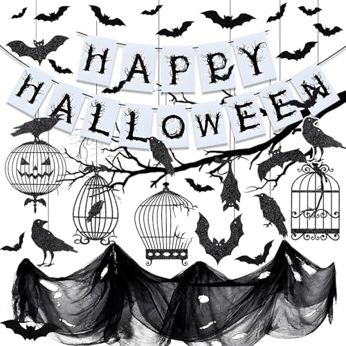 iZoeL Halloween Decorazioni Addobbi Halloween, Ghirlanda Stoffa Nero Spirale Sospesa Zucca Pipistrelli Corvo, pour Decorazioni Casa/Interni/Esterni/Casa Stregata/Giardino