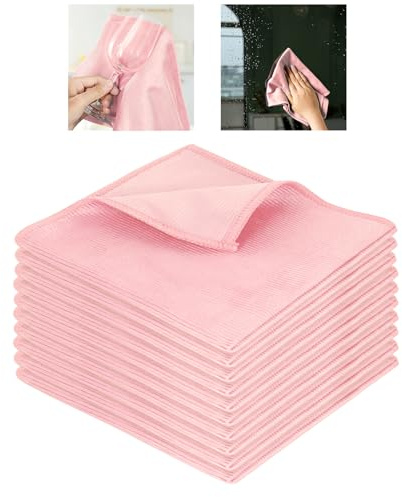 Beaface Microfibre Cleaning Cloths 10 Pack, Glass Cleaning Cloths Lint Free Scratch Free for Glass Windows Screens Mirrors 30 x 30cm (Pink 1)