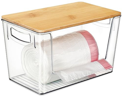 Hudgan Distributeur de sacs poubelle extra large en acrylique avec dessus et poignées en bambou