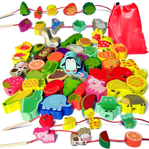 Goujfol Holzspielzeug Fädelspiel Montessori Spielzeug Motorikspielzeug 44Stk Holz Perlen Obst Tier Spiele Geschenk Jungen Mädchen Kinderspielzeug ab 3 Jahren (TierObst-2)